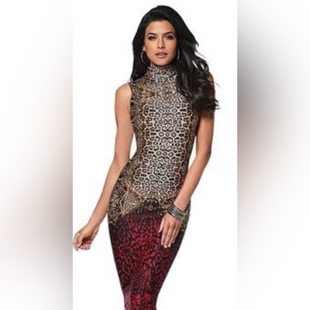 Sexy Cheetah Leopard Sleeveless Fitted Dress XS animal print high neck red Venus